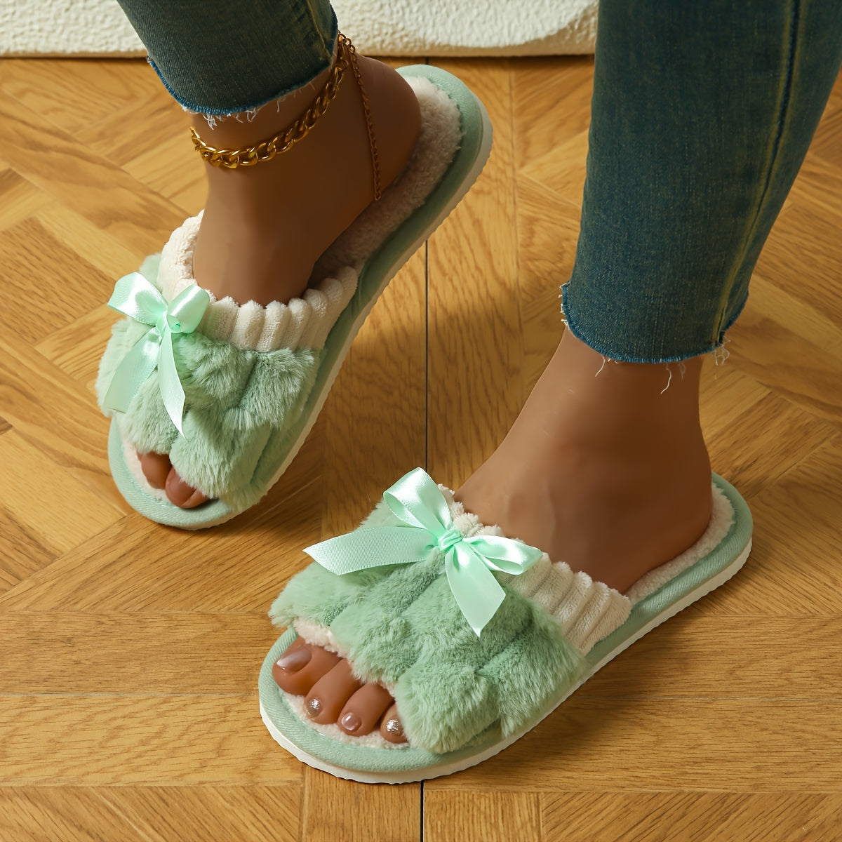 Colorblock Fuzzy Home Slippers – Soft Bowknot Decor, Non-Slip Lightweight Plush Winter Shoes