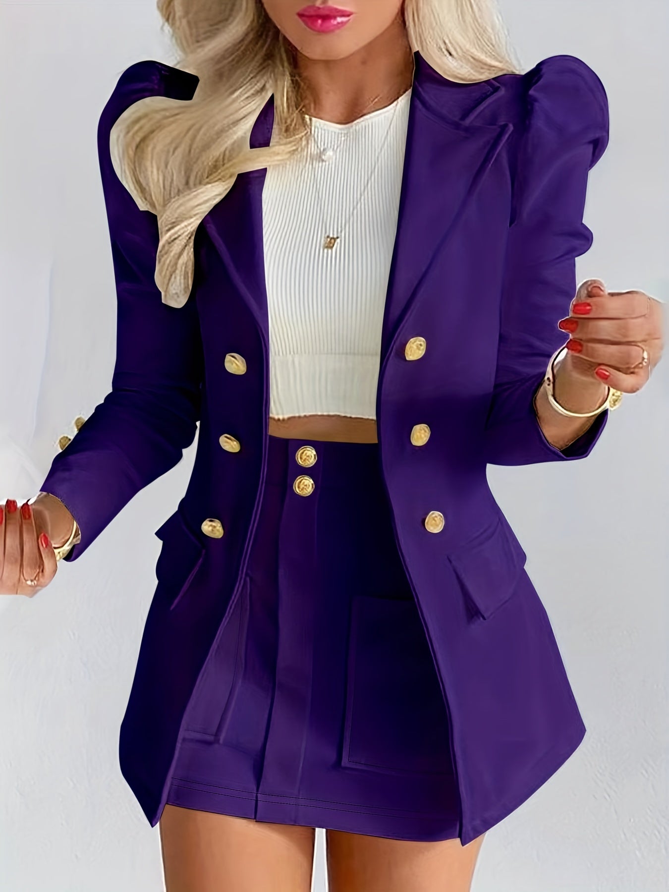 Two-piece Set, Solid Long Sleeve Elegant Blazers & Mini Skirt, Women's Clothing