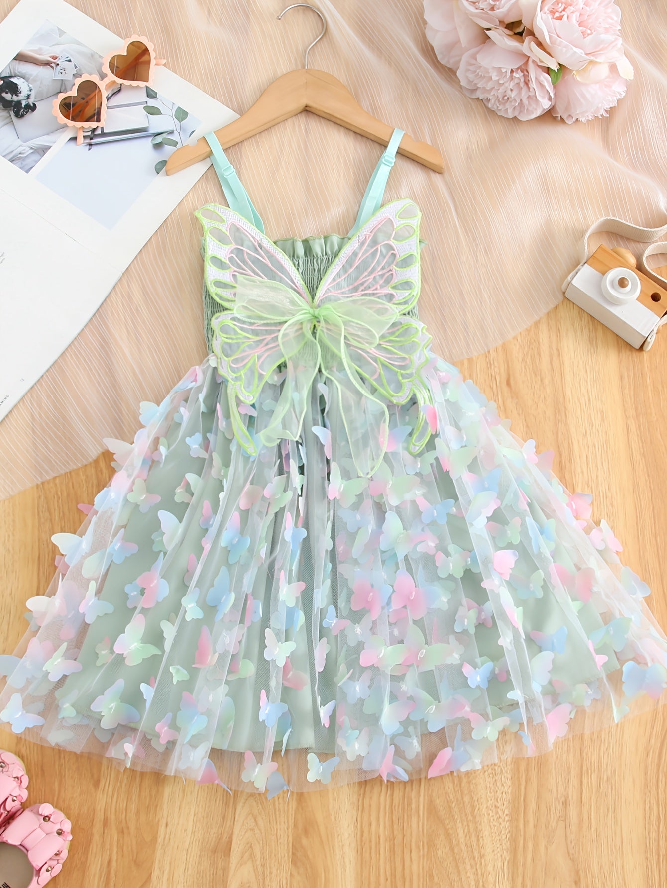 Enchanting Rainbow Butterfly Princess Dress for Girls - Elegant Sleeveless Mesh Tutu with Bow Detail, Perfect for Parties & Birthdays