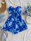 Women'S Blue Watercolor Silhouette Print Off-Shoulder Twist Dress - Casual Summer Style, Floral Pattern, Open Back Design, V-Neck with Tie Waist Detail, V-Neck Dress