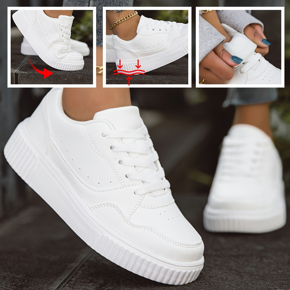 [Faux Flat Sneakers] Durable Anti-Slip Women's Casual Sneakers | Fashion Faux Flat Shoes, Ideal for Leisure, Walking, Running, Jogging - Solid Color, Round Toe, All-Season Low Top with Flexible Fabric Inner & EVA Sole