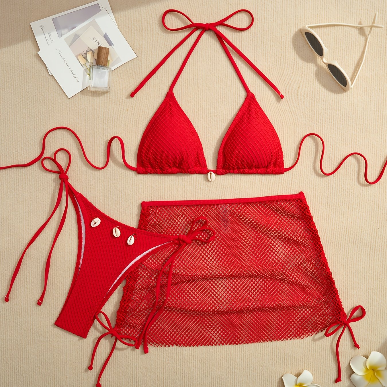 Solid Color 3pcs Bikini Set, Halter Neck with Mesh Tie Back and High Cut Sides, Cover-Up Wrap Swimsuit, Women's Swimwear and Clothing Triangle Top