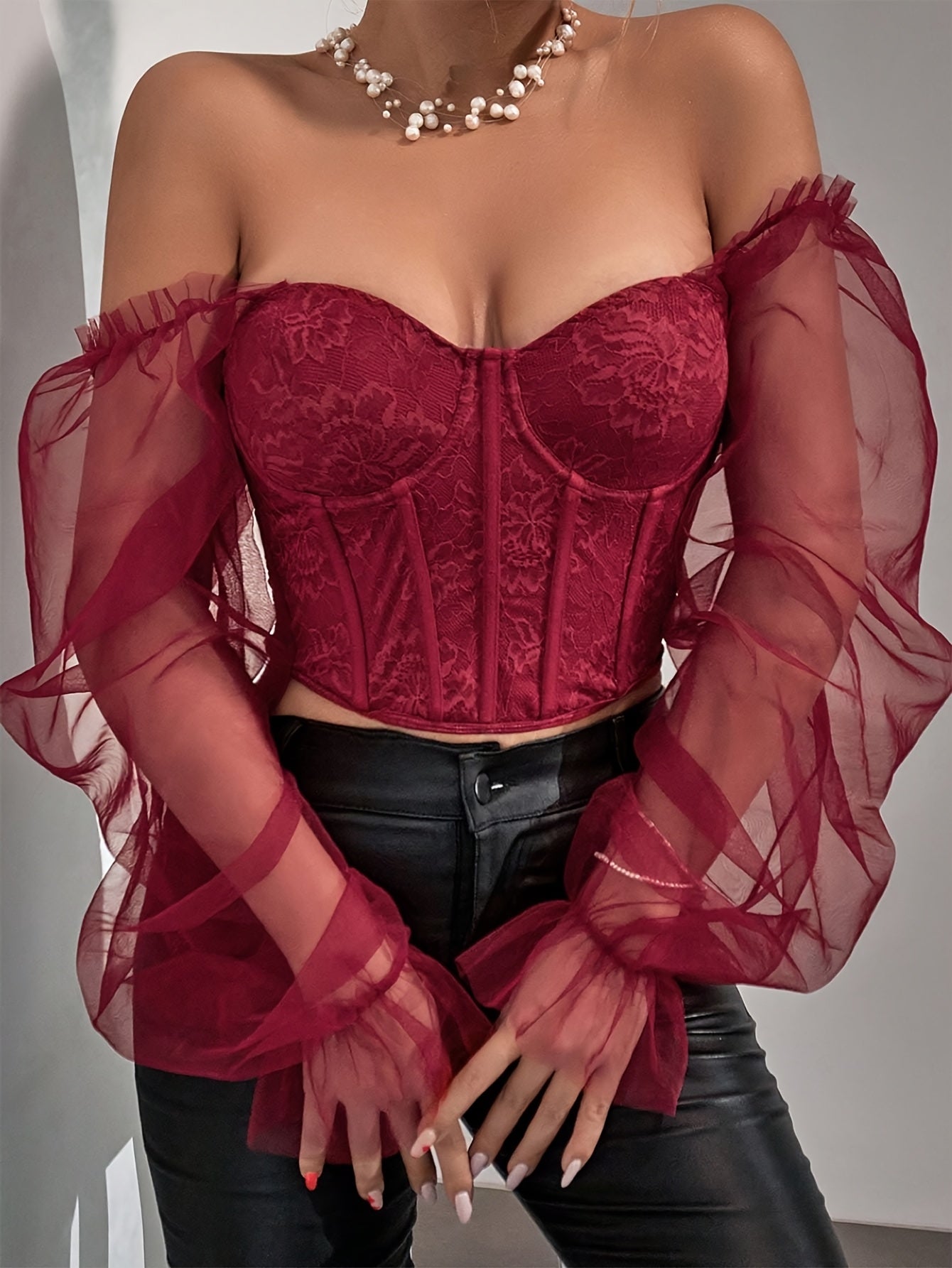 Sexy Red Lace Off-Shoulder Top with Floral Pattern - Short Sleeve, V-Neck, Polyester, Spring/Summer Fashion, Elegant Necklace, Fashionable Top|Floral Lace Top|Polyester Fabric