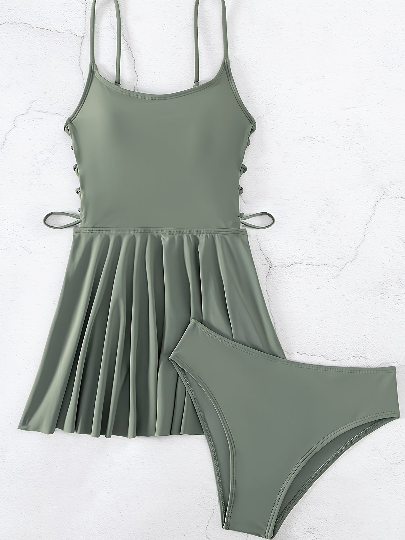 TIDALOLY Women'S Tankini Set, Solid Color Polyester 82% Elastane 18% High Stretch Knit Fabric, Crew Neck Lace-Up Two-Piece Swimsuit with Conventional Bottom