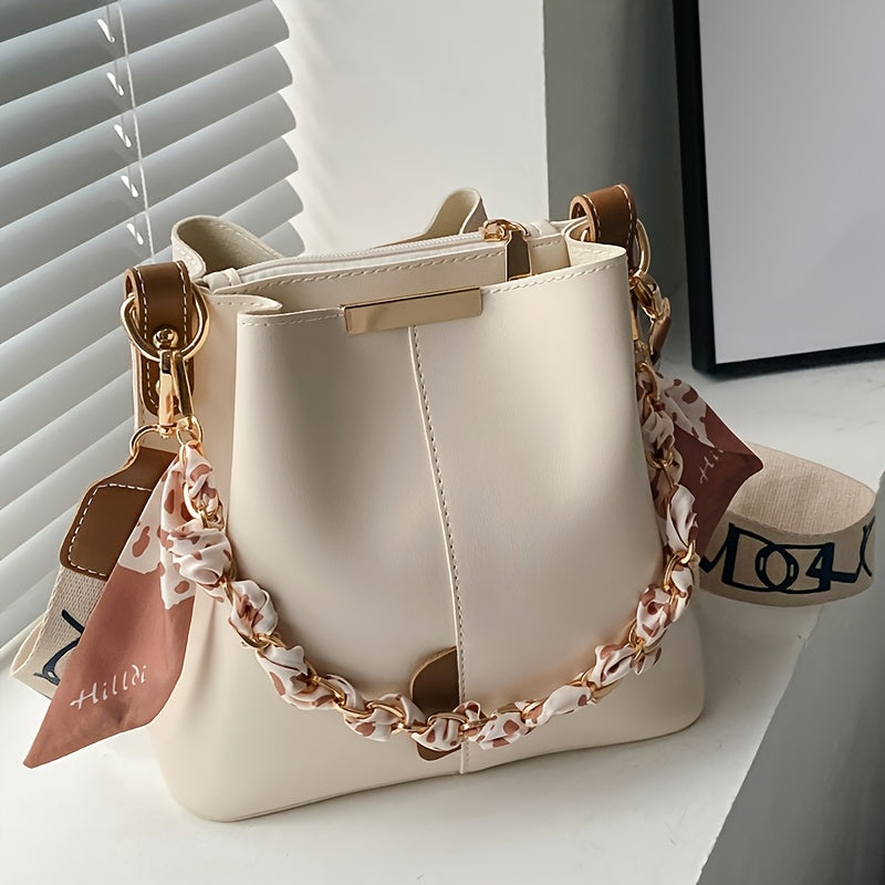 Women's Elegant Bohemian Bucket Crossbody Bag - Adjustable Shoulder Strap, Zipper Closure, with Golden-Tone Hardware, Versatile for Daily Commute & Casual Outings (Black/White)