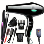 Professional 600W Hair Dryer with Negative Ions, Adjustable Temperature, 59.06-118.11inch Cord, US Plug, Includes Nozzle & Straightener, Non-Foldable Handle, for Home & Salon Use - Blue