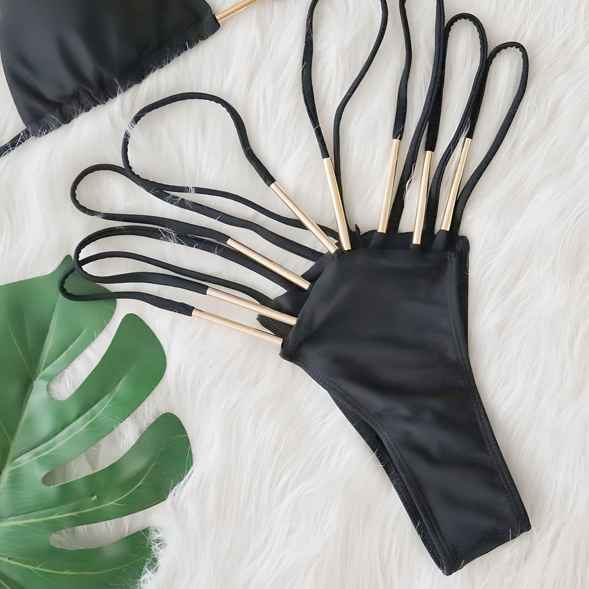 2025 New European And American Sexy Swimsuit Metal Accessories Bikini Solid Color High Waist Strap Hollow Women'S Swimsuit