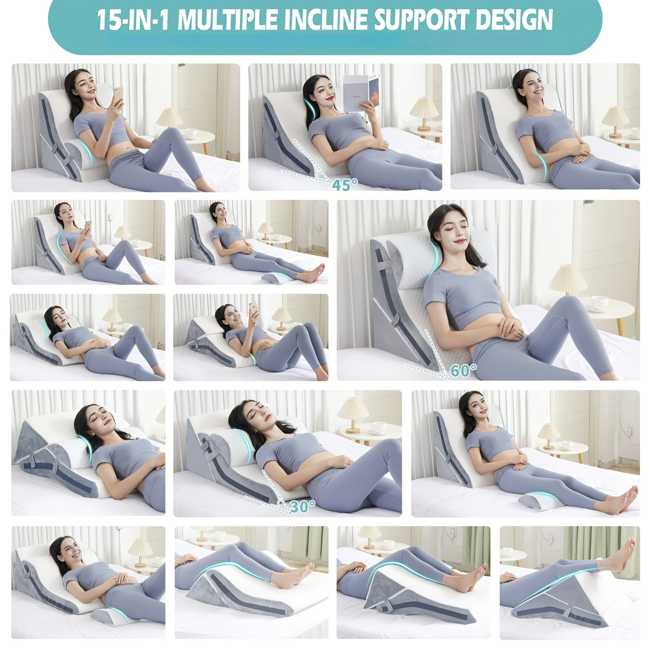 3-in-1 Incline Pillows Wedges For Back, Pillow For Sleeping, 15-in-1 Adjustable Memory Foam Wedge Pillow, Orthopedic Bed Wedge Pillow Set