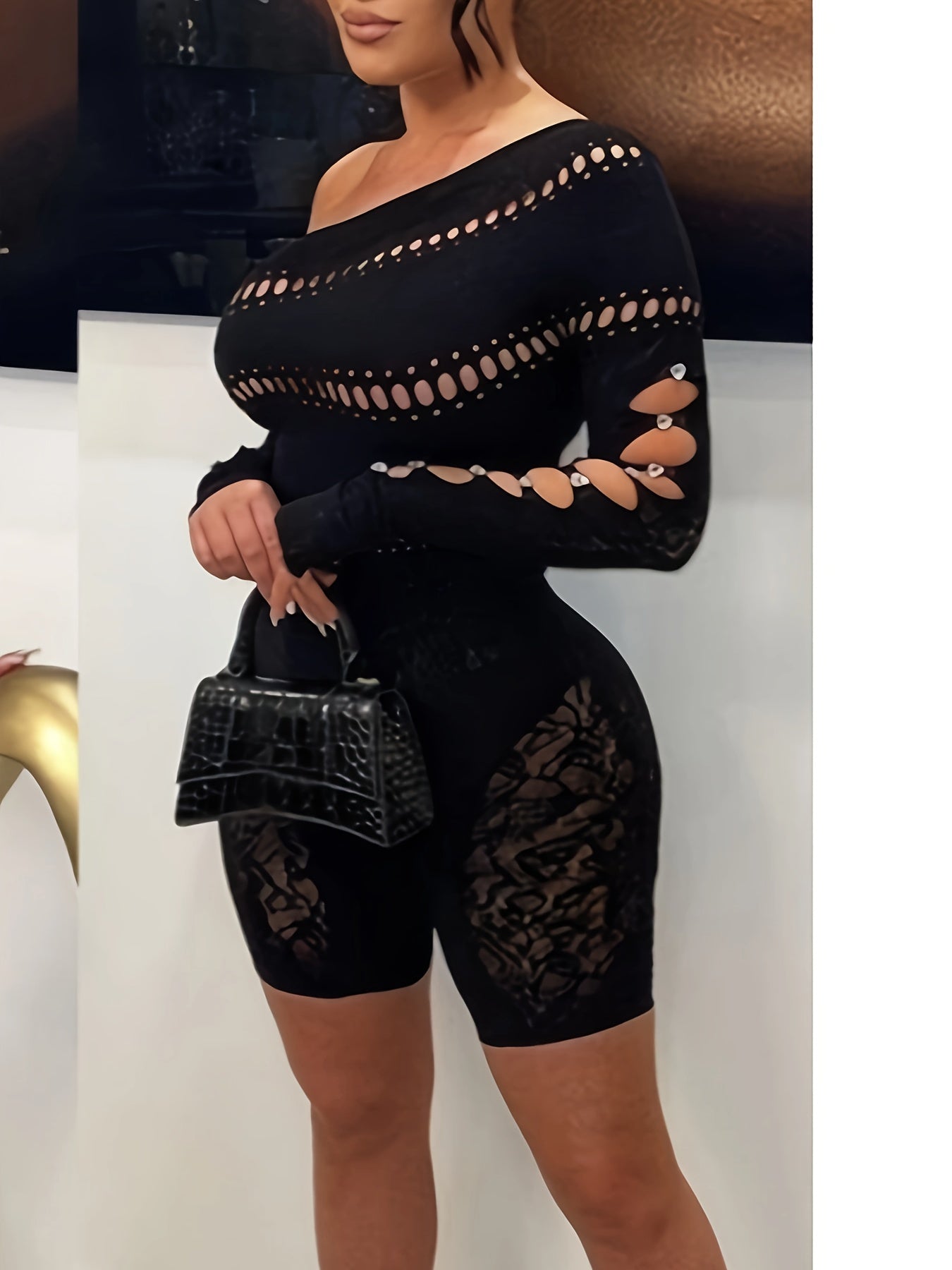 Chic Off-Shoulder Black Lace Romper - Sexy Hollow-Out Design with Geometric Patterns, Stretchy Nylon Blend, Perfect for Parties & Streetwear, Easy Care
