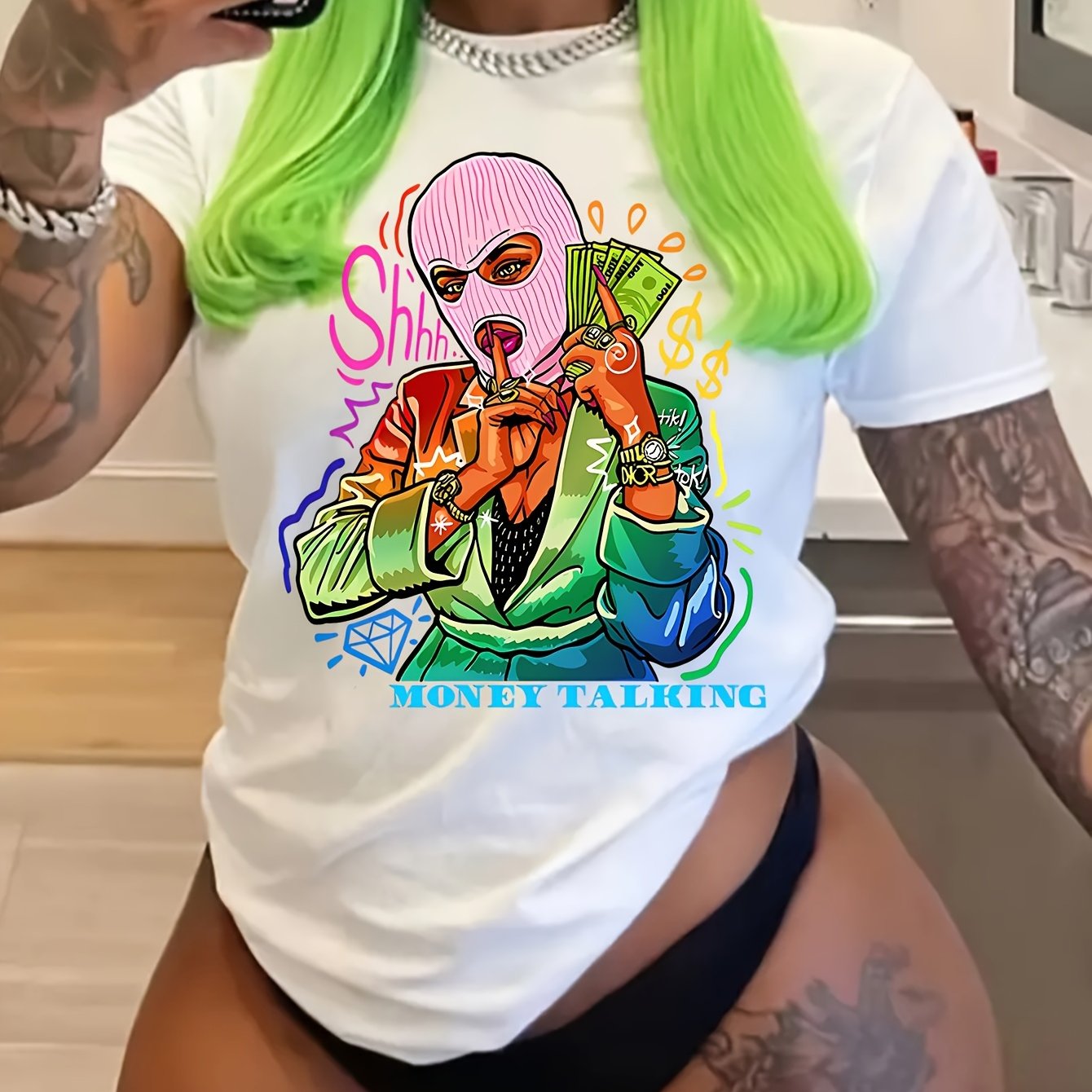 Women's Casual Short Sleeve T-Shirt - Vibrant Portrait & Letter Graphic Print, Semi-Sheer Round Neck, Medium Stretch, Machine Washable, All-Season Comfort Fit, Ladies T Shirts, Stylish Streetwear, Bold Graphic Tee, Mediumstre