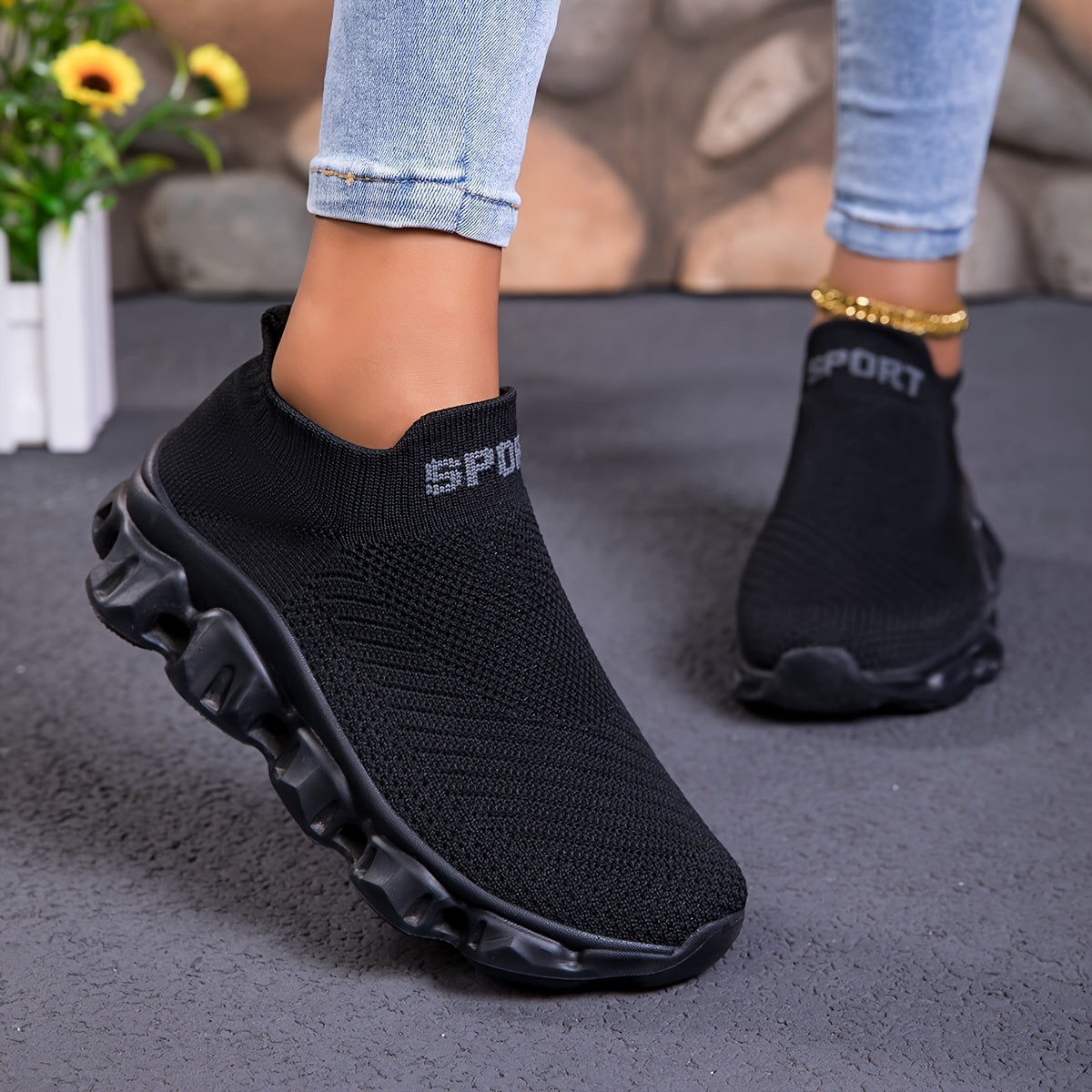 Women'S Fashion Sneakers, Breathable Knitted Fabric Upper, Slip-On Low Top Sports Shoes, Solid Color, EVA Sole, All-Season Casual Athletic Footwear