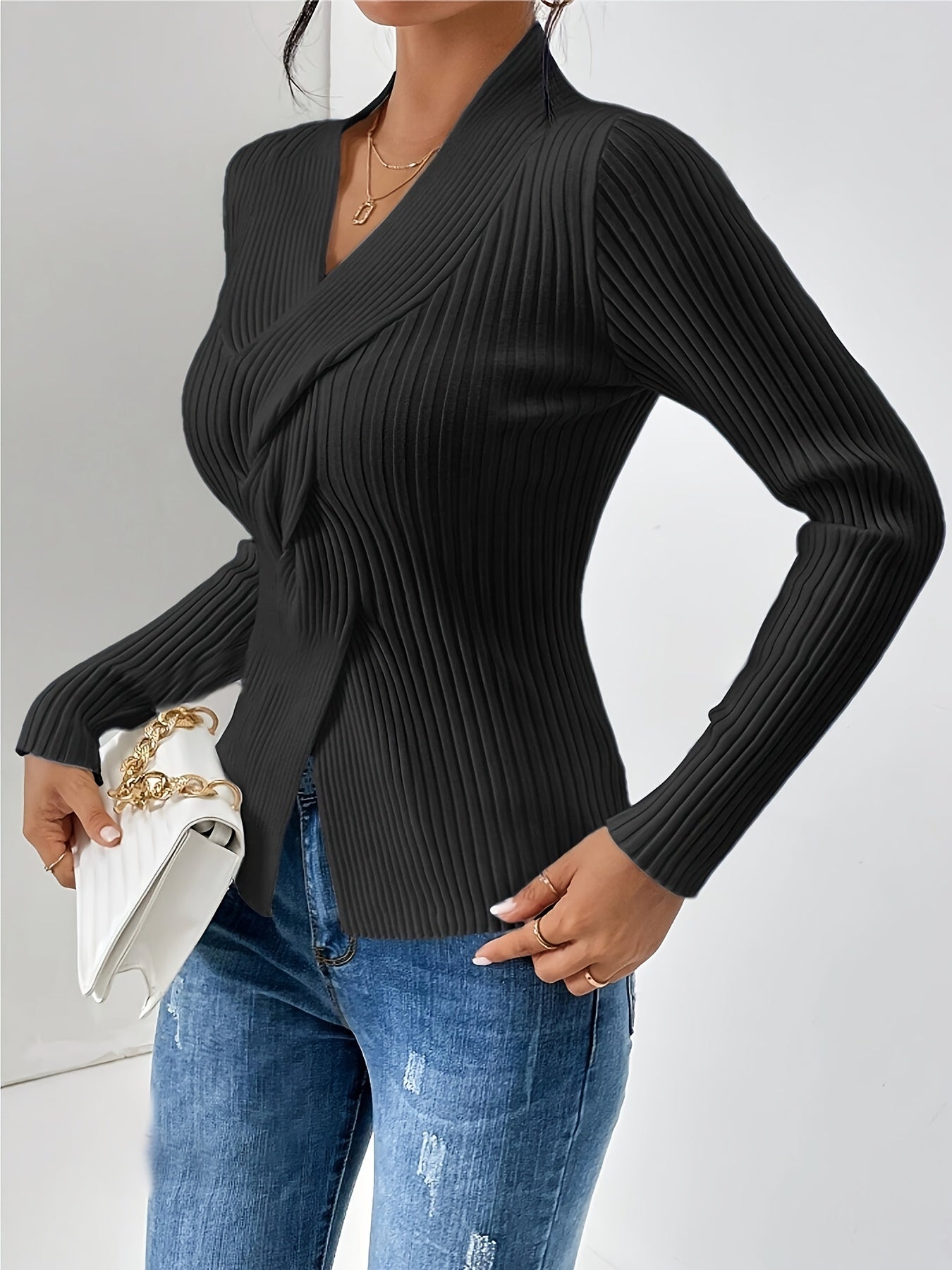 Twist Front V Neck Slim Sweater, Elegant Long Sleeve Sweater For Fall & Winter, Women's Clothing