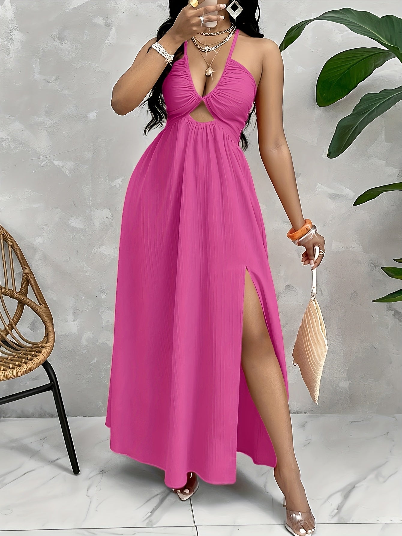 Stylish Women's Sexy Backless Split Dress - Vibrant Orange, Halter Neck, High-Waisted A-Line Cut, Polyester, Perfect for Spring/Summer, Evening Attire | Halter Neck Dress | Glossy Texture