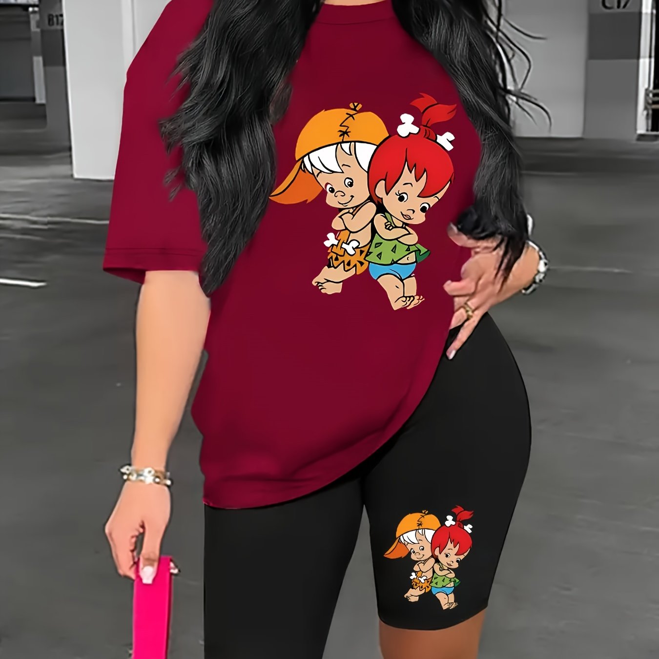 Trendy Cartoon Graphic Tee & High-Waisted Biker Shorts - Soft, Stretchy, and Comfortable Polyester Blend for Spring/Summer Outfits