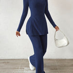 Ribbed Knit Tee with Split Hem & Pants