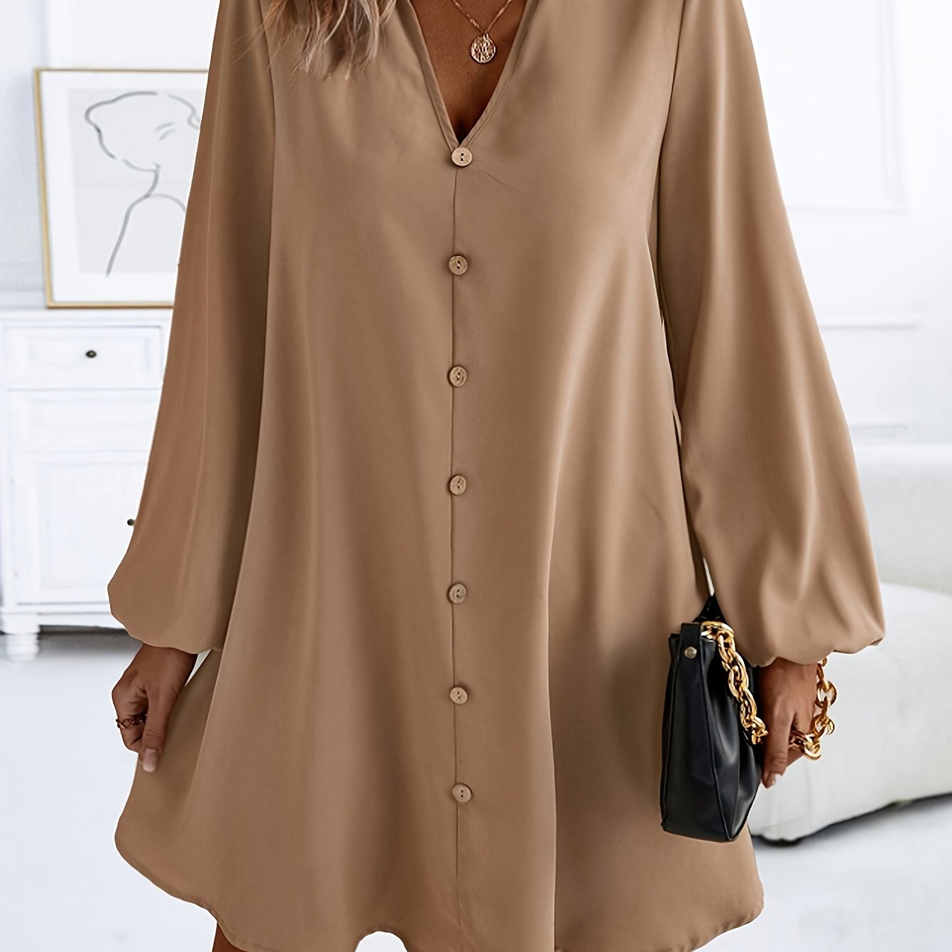 Effortlessly Chic Solid Color V-Neck Dress - Long Sleeve, Loose Fit for Spring & Fall - Stylish Womens Wardrobe Essential