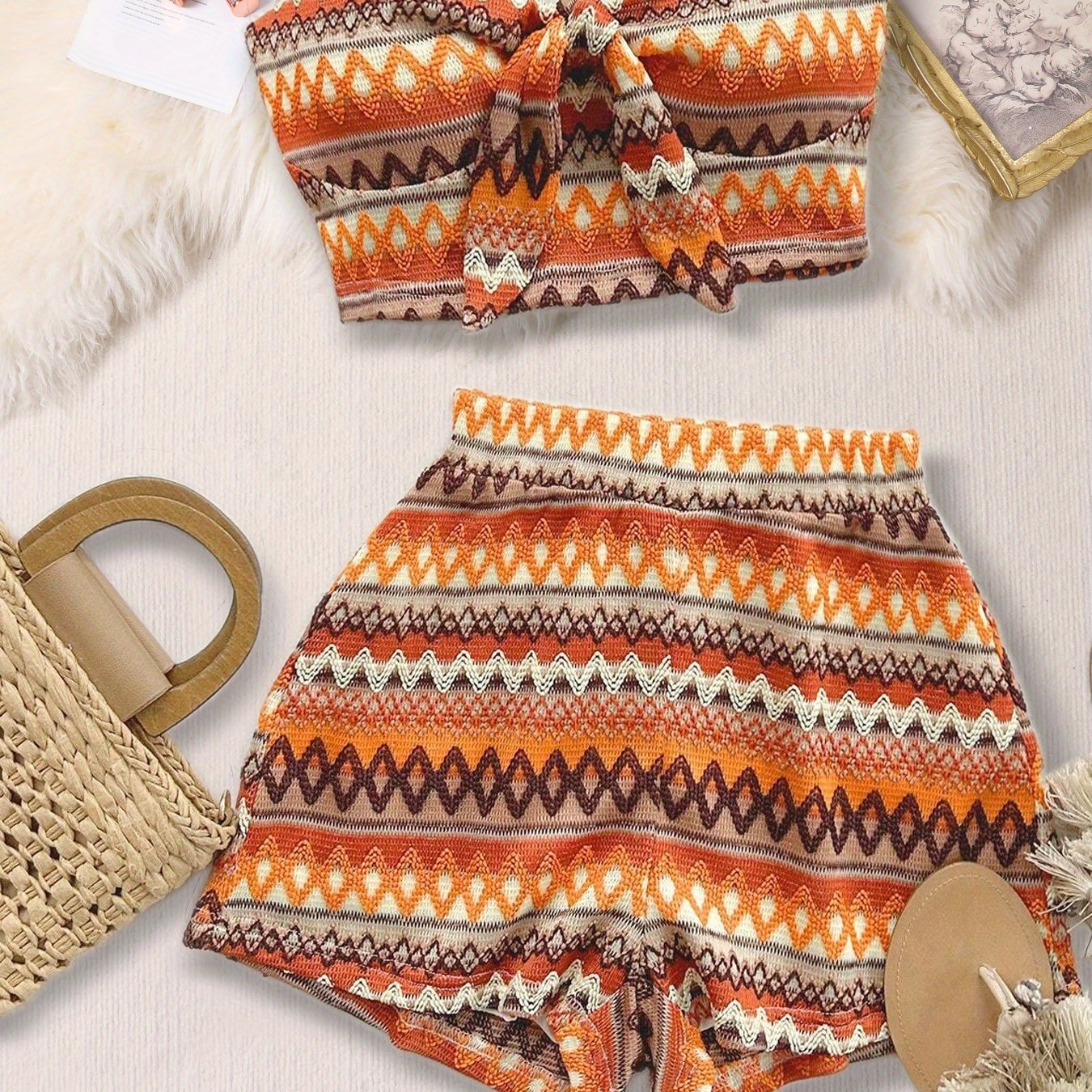 Women'S Summer Colorful Striped Elastic Sexy 2pcs Set/ Front Strap Top and High Waist Shorts, Suitable for Vacation and Daily Travel