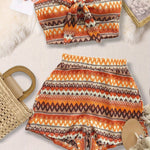 Women'S Summer Colorful Striped Elastic Sexy 2pcs Set/ Front Strap Top and High Waist Shorts, Suitable for Vacation and Daily Travel
