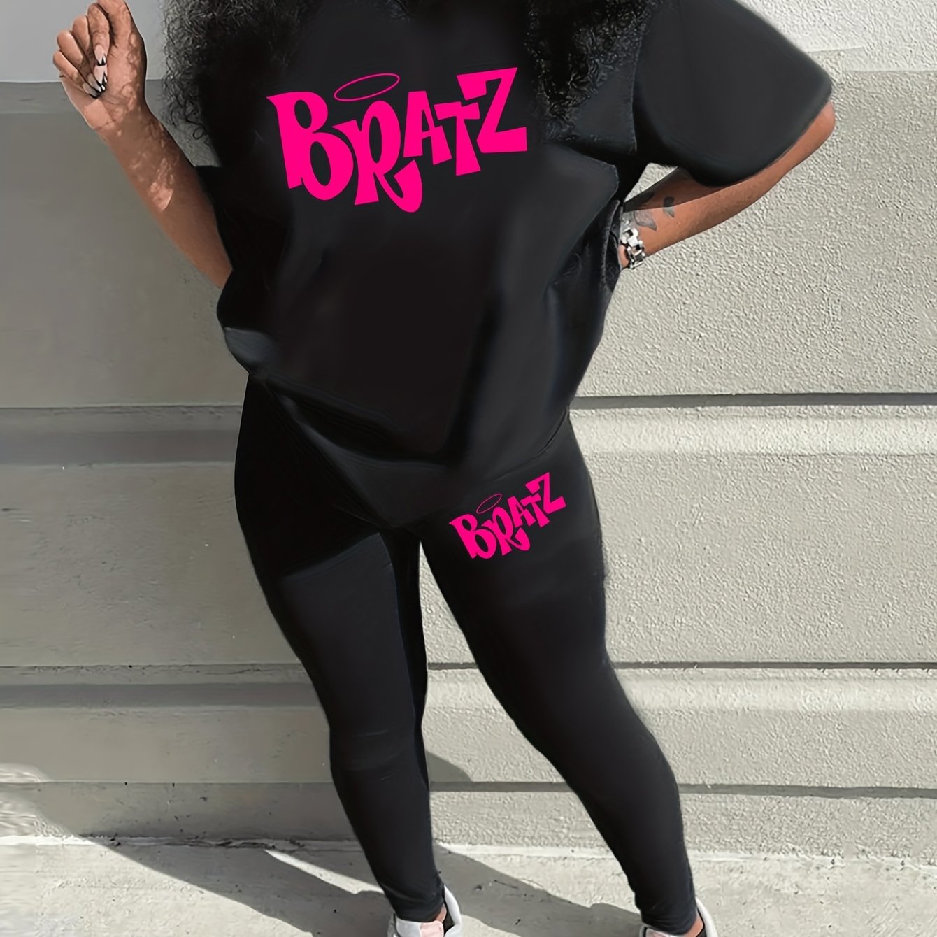Bratz Letter Print Two-piece Set, Casual Short Sleeve Loose T-shirt & Skinny Pants Outfits, Women's Clothing
