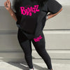 Bratz Letter Print Two-piece Set, Casual Short Sleeve Loose T-shirt & Skinny Pants Outfits, Women's Clothing
