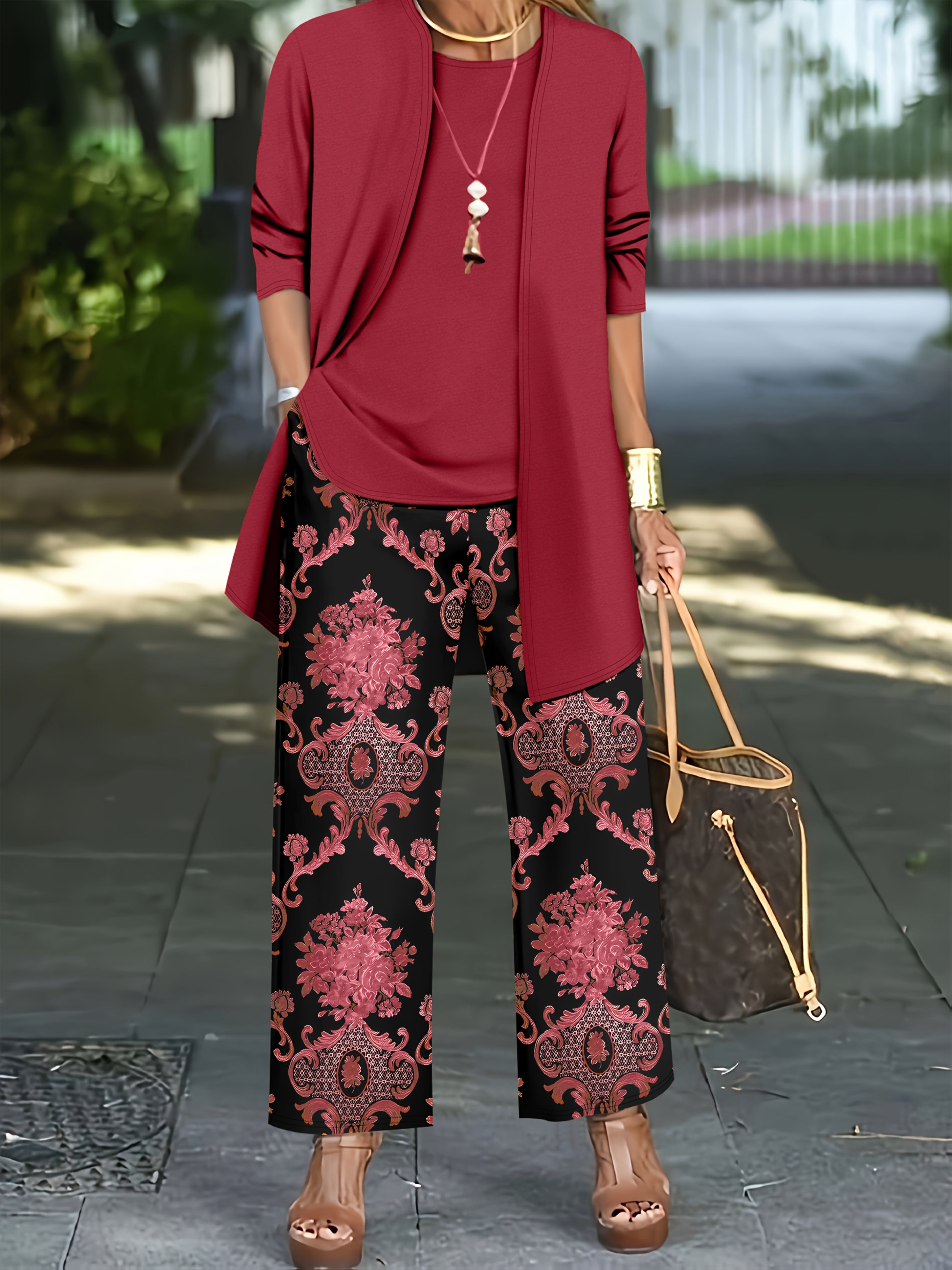 Women'S Elegant Plus Size Solid Color Cardigan and Tank Top Set with Paisley Print Pants - Stylish Three-Piece Outfit for Casual Attire, Casual Attire|Paisley Print Pants|Stretchy Fabric, Plus Size Clothing