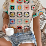 Women's Stylish Geometric Print T-Shirt with Lace Sleeves & Color Block Cuffs - Lightweight Polyester Blend for Spring, Summer & Fall - Machine Washable Casual Top, Casual Summer Top | Lace Sleeves Top | Trendy Tshirt