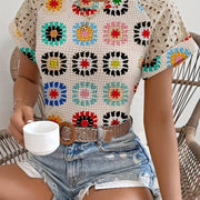 Women's Stylish Geometric Print T-Shirt with Lace Sleeves & Color Block Cuffs - Lightweight Polyester Blend for Spring, Summer & Fall - Machine Washable Casual Top, Casual Summer Top | Lace Sleeves Top | Trendy Tshirt