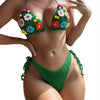 Women Swim Bikini Suit, Sleeveless Hanging Neck Floral Knitting Bra + Bandage Briefs Swimwear Swimsuit
