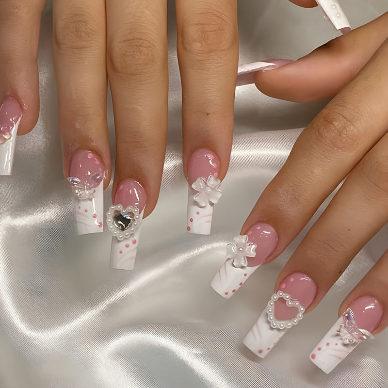 226pcs 168pcs Glossy Long Square Fake Nails (7 pack)  + 58pcs Rings Set White French Tip Press On NailsWith Embossed Flower Rhinestone Design, sweet Cool Full Cover FalseNails For Women Girls