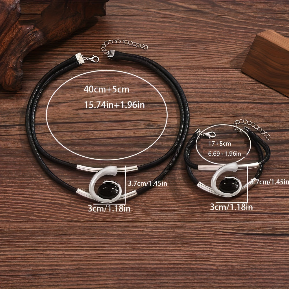 2pcs Women's Boho Black Braided Rope Jewelry Set – Double Row Imitation PU Necklace & Spiral Resin Bracelet – Tribal Style Metal Pipe Design for Parties, Daily & Holiday Wear