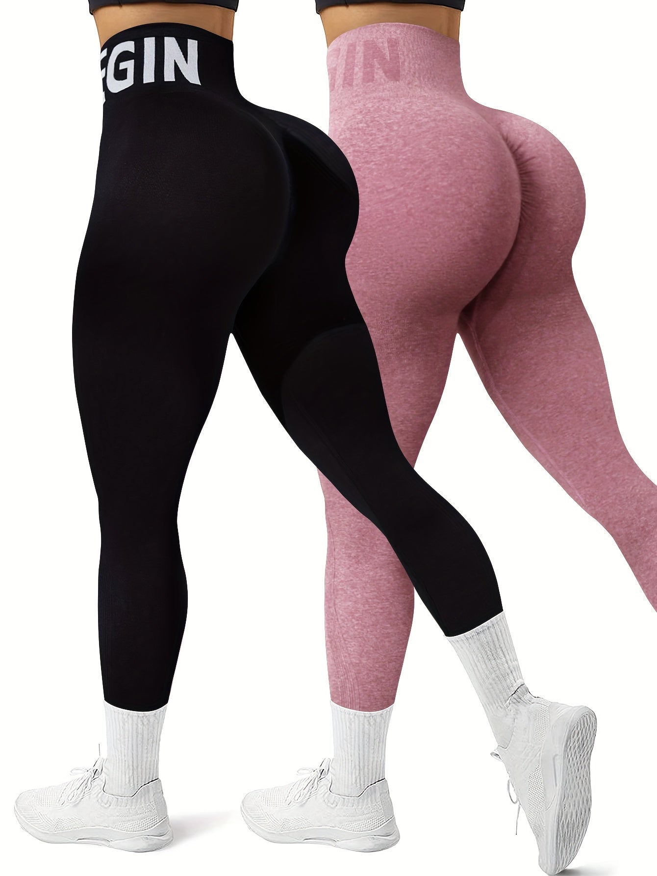 Women's Seamless High Waist Sports Leggings, 2 Pack Knit High Stretch Letter Print Yoga Leggings