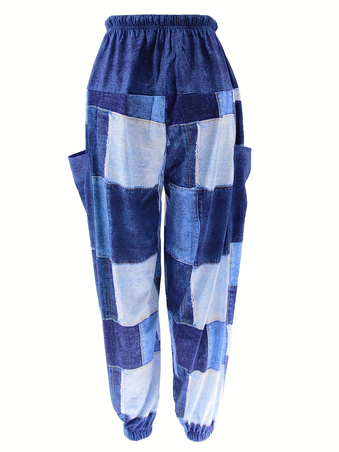 Women's High-Waisted Imitation Denim Print Wide-Leg Pants - Relaxed Fit 9/10 Length with Elastic Waist Drawstring, Color Block Design & Side Pockets for Casual Outings, Casual Attire, Stretchy Fabric