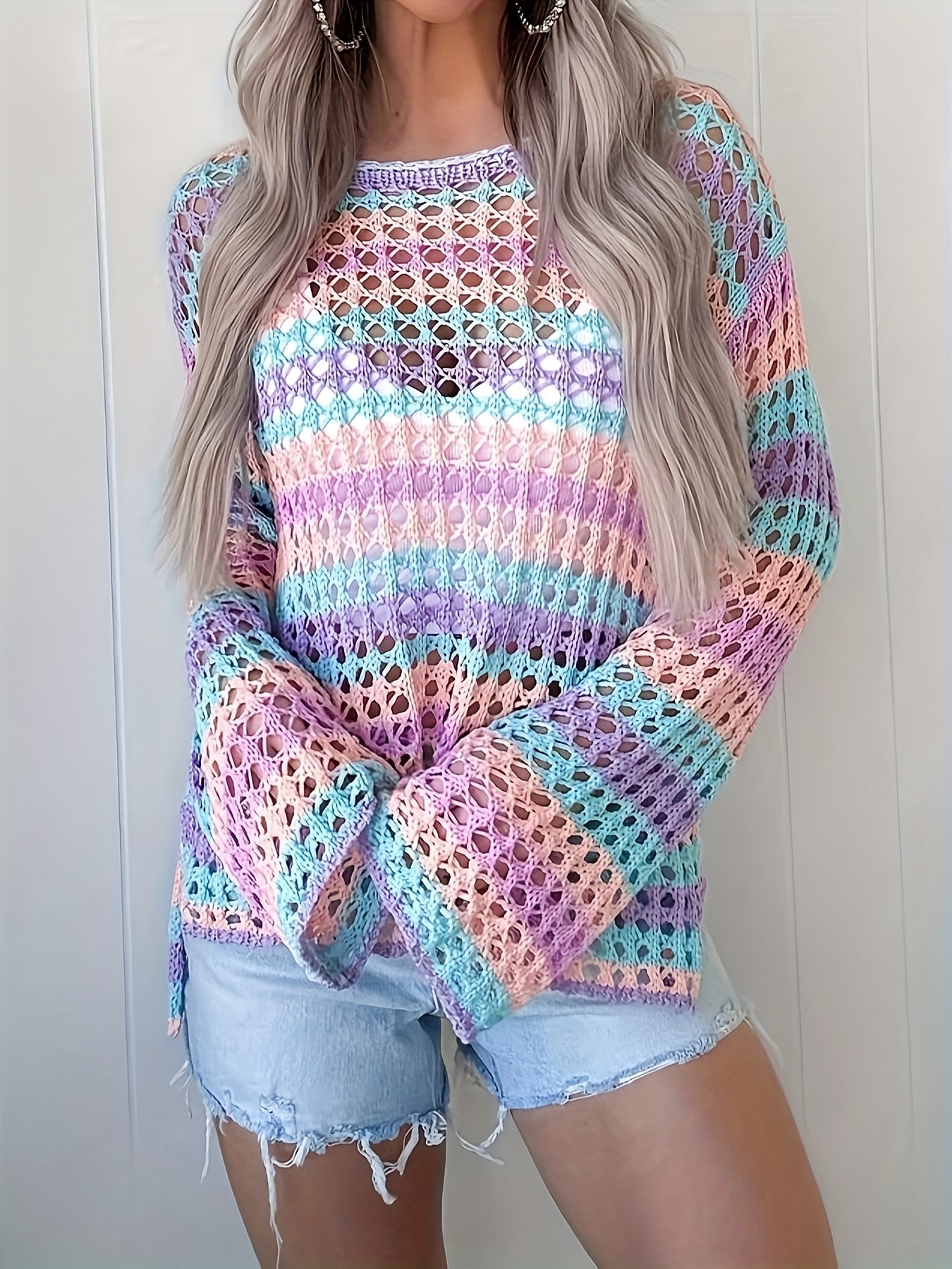 Women's Bohemian One-Shoulder Crochet Cover-Up - Lightweight Lace- Beach Top with Color-Block Design, Short Front & Long Back, Multi-Color Pastel Shades for Spring/Summer Vacation Poolside Casual Wear, Curve Beachwear