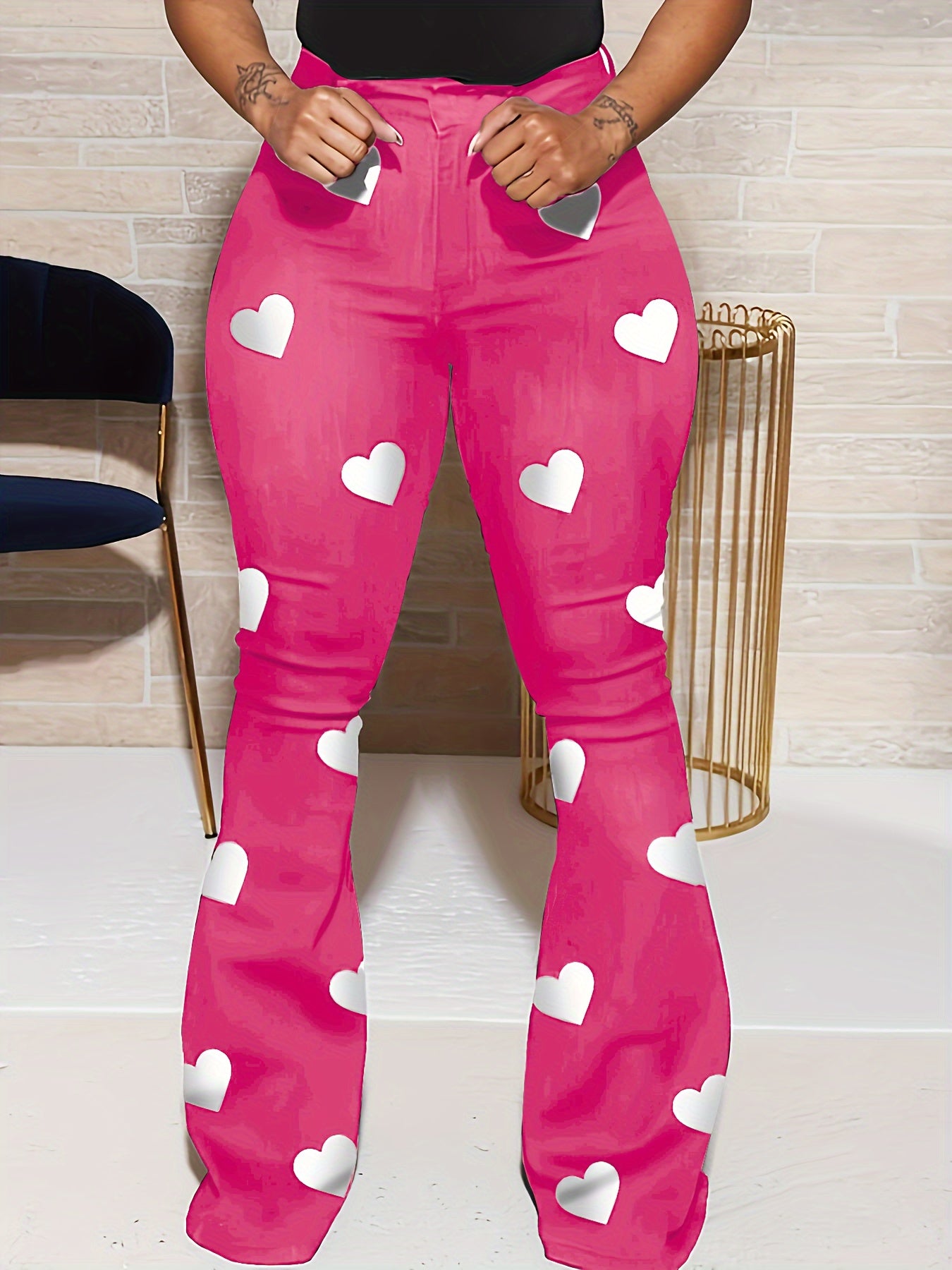 Stylish Heart Print Flare Leg Pants - High Waist, Casual, Versatile, Comfortable, and Chic Womens Clothing for Spring and Summer - Perfect for Daily Wear, Outdoor Activities, and Travel