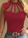 Elegant Red Lace-Trimmed Tank Top for Women - Sexy Cut-Out Design, Stretchy Polyester & Spandex Blend, Round Neck Sleeveless Shirt with Intricate Floral Patterns, Perfect for Spring/Summer/Fall