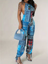 Patchwork Print Faux Denim Print Jumpsuit, Casual Sleeveless Tie Strap Drawstring Jogger Jumpsuit For Spring & Summer, Women's Clothing