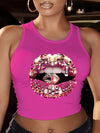 Glamorous Lip Print Tank Top with Rhinestones & Sequins - Sleeveless, Round Neck, Casual Fashion for Women, Spring/Summer Collection, Rhinestone Embellishments, Vibrant Colors, Blingy Style, Ladies Tank Tops