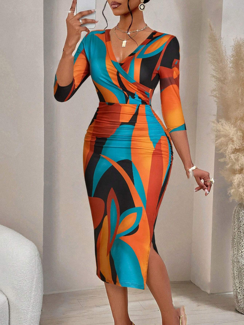 Fashionable Long-sleeve V-neck Maxi Dress