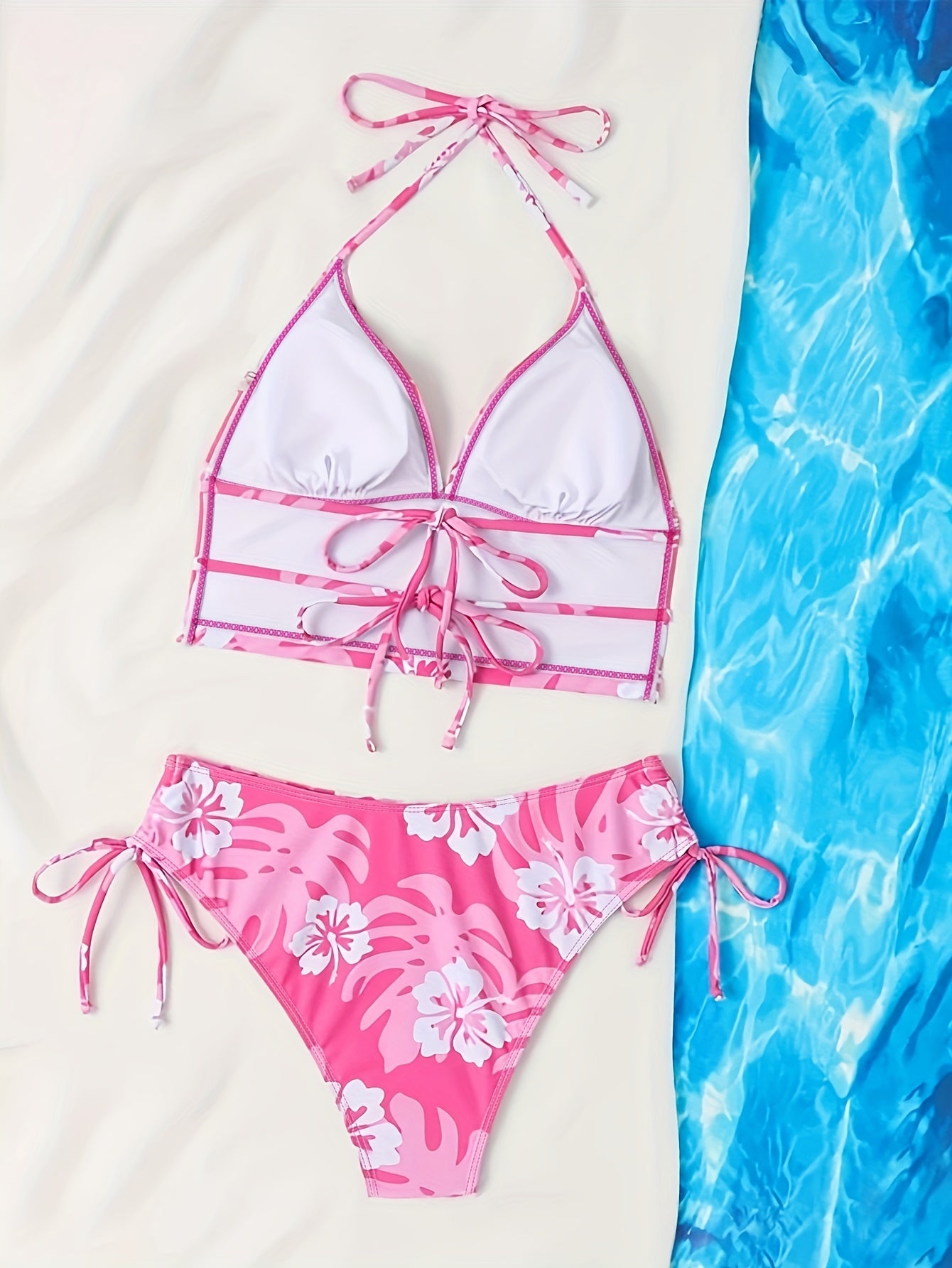 2-Piece Pink Floral Tankini Set - Halter Neck & Drawstring Feature, Tie-Back Stretchy Swimsuit - Ideal for Valentine's Day & Summer Beachwear