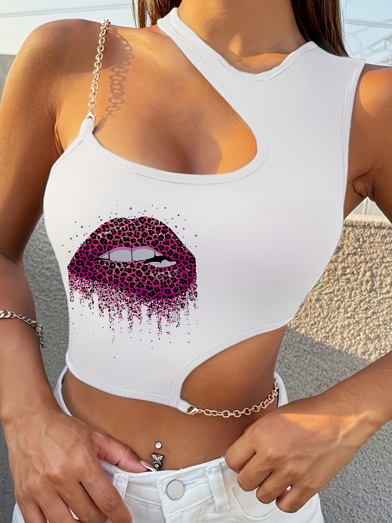 Lips Print Chain Strap Asymmetrical Tank Top, Casual Stylish Slim Fit Crop Top For Spring & Summer, Women's Clothing