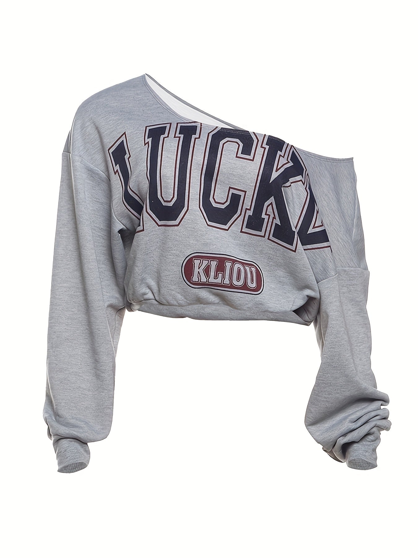 Trendy American Street Style Off-the-Shoulder Crop Top with Bold Letter Print - Long Sleeve, Light Grey, Machine Washable, Perfect for Spring, Summer, and Fall, Casual Streetwear | Crop Top Style | Soft Fabric Top