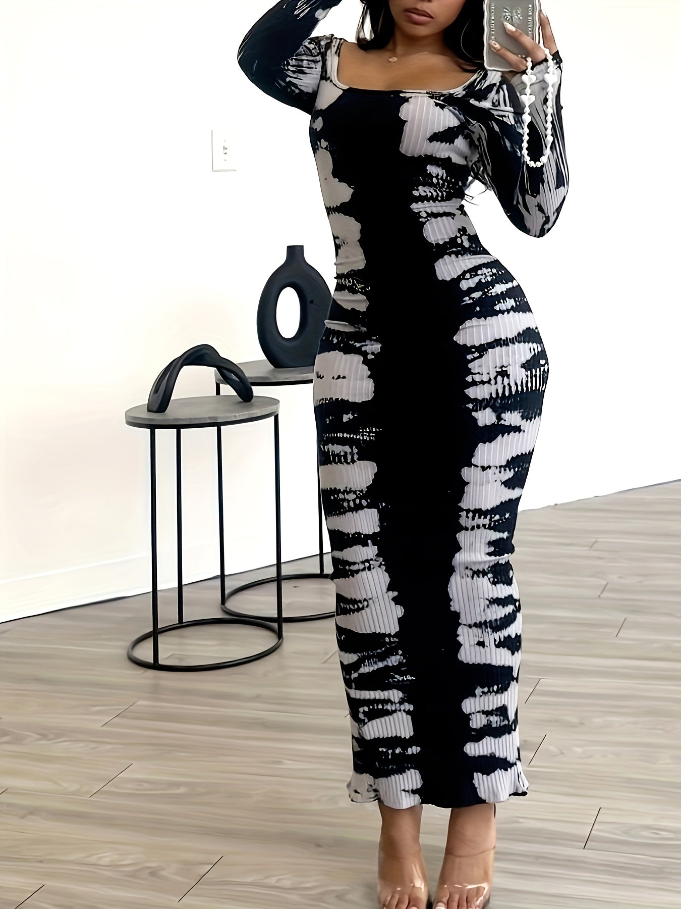 Chic Tie-Dye Long Sleeve Bodycon Dress for Women - Stretchy Polyester & Spandex Blend, Machine Washable, Sexy Square Neckline