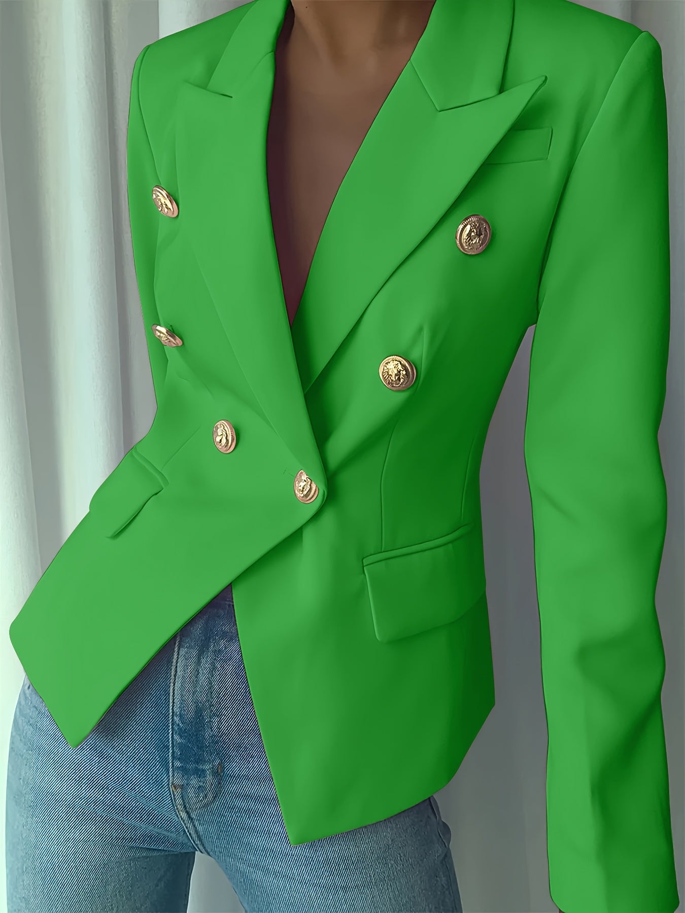 Women's Elegant Pink Double-Breasted Blazer - Polyester, Long Sleeve, Lapel Collar with Golden Buttons, Stylish Work Office Jacket