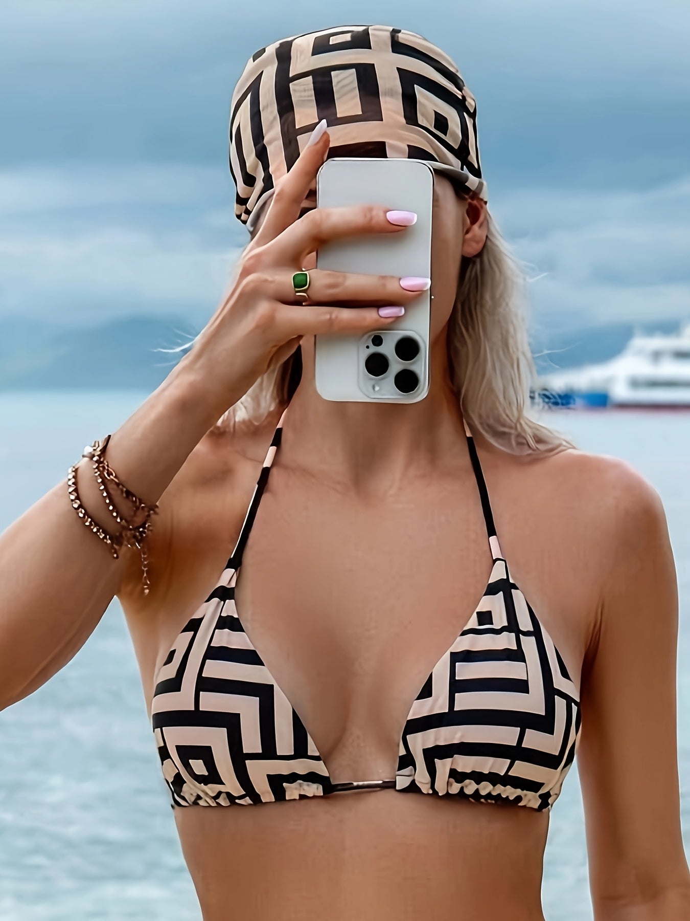 MOXDO Chic Women's 4pcs Geometric Print Beachwear Set - Includes Halter Neck Bikini with Tie-Side Bottoms & Skirt, Headband & Cover-Up Shrug in Beige/Brown - Stretchy Polyester Blend for Comfortable Vacation Swimsuit, Poolsid