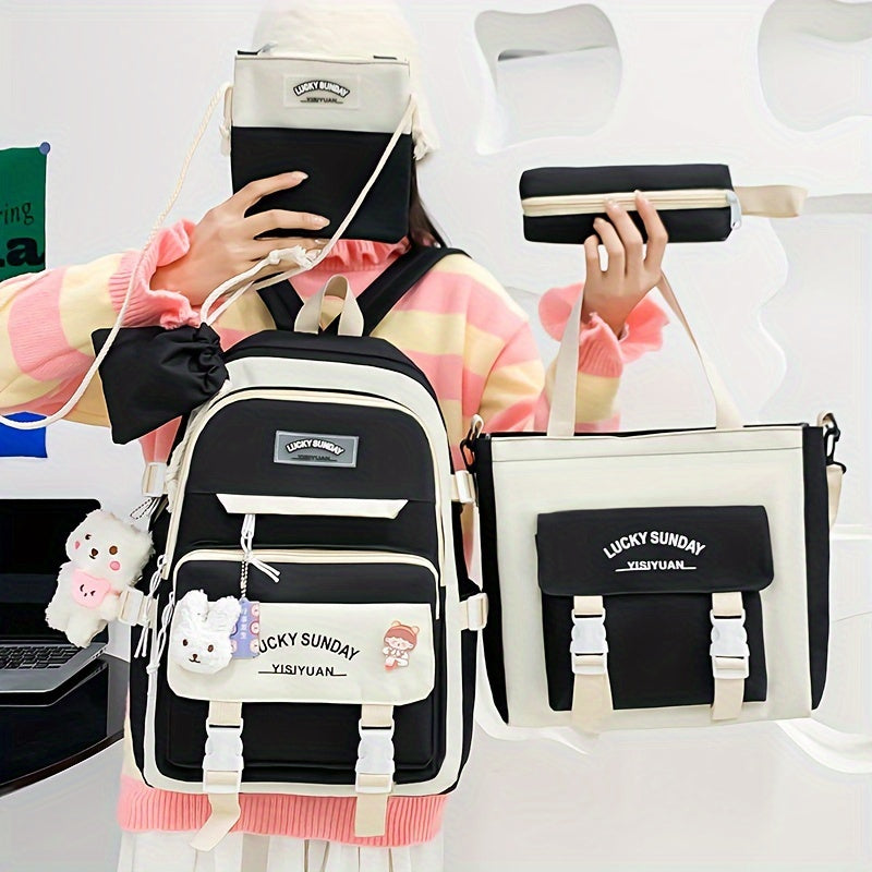 Five-Piece Large Capacity Double Shoulder Bag Women's Fashion Simple Color-Block Casual Backpack (No Pendant, Badge Ladies Travel Bag)