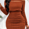 Women'S Sexy Off the Shoulder Strapless Long Sleeve Bodycon Dress, Solid Color, Knit Fabric, for Fall