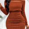 Women'S Sexy Off the Shoulder Strapless Long Sleeve Bodycon Dress, Solid Color, Knit Fabric, for Fall