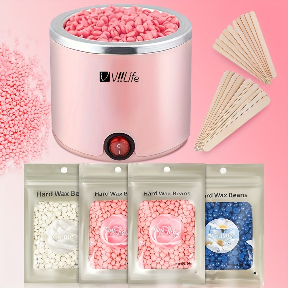 [Low Irritation] Wax Heater Kit | 200cc, 4 Packs Hair Removal Wax Beans, 20 Waxing Wooden Sticks | Low Irritation