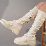 Lace-Up Platform Boots White Long Cowboy Boots Women