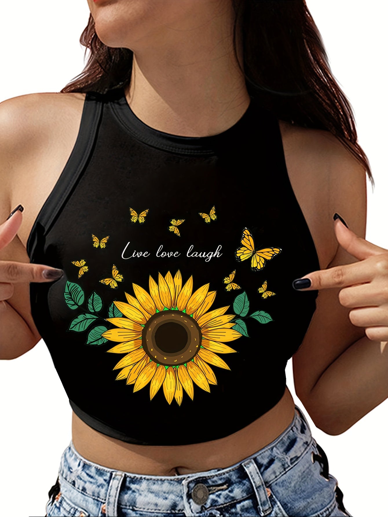 Women's High-Elasticity Sunflower & Butterfly Print Sleeveless Crop Tank Top - "Live Love Laugh" Design, Casual Yoga & Activewear, Polyester, Black, Ladies Tank Tops